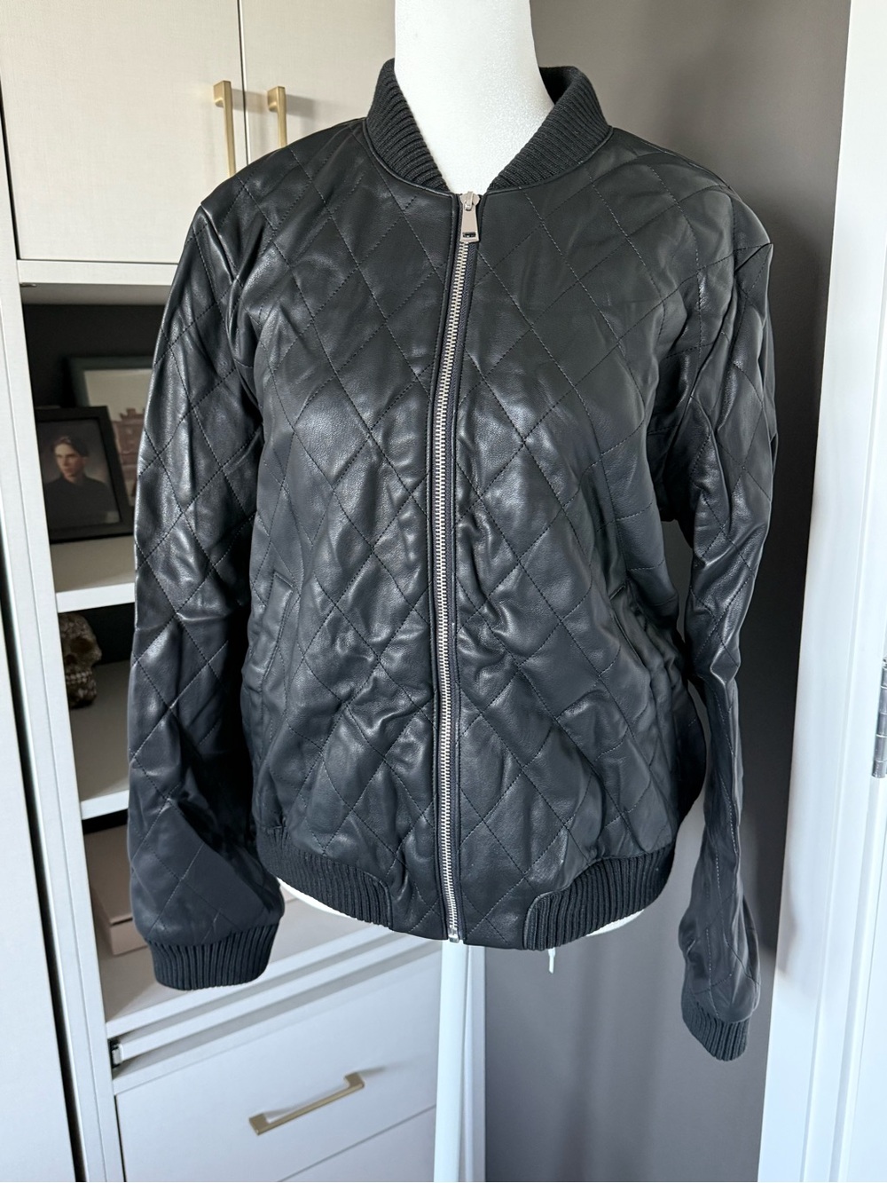 LOFT Quilted Black Faux Leather Bomber Jacket
